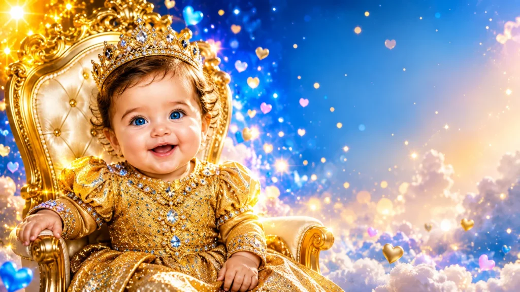 Cute Baby AI Image Prompt 2026 featuring an adorable realistic baby in a royal golden outfit with crown, ultra HD AI-generated baby photo editing prompt.