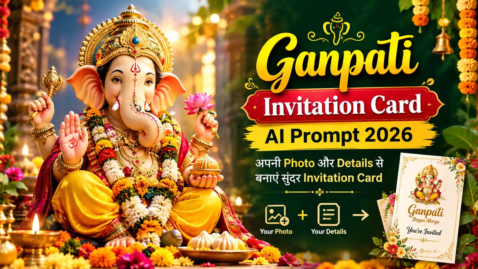 Ganpati Invitation Card AI Prompt 2026: अपनी Photo और Details से बनाएं सुंदर Invitation Card Photo